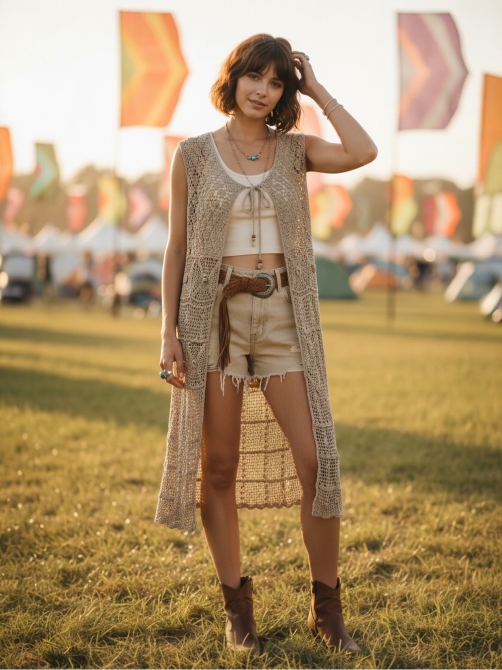 Bette Paige Boho Festival Beige Crochet Long Cardigan Front Tie Vest